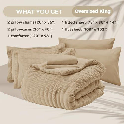 HYMOKEGE Khaki Oversized King Comforter Set Seersucker 7 Pieces, All Season Luxury Bed in a Bag for Bedroom, Bedding Set with Comforter, Sheets, Pillowcases & Shams