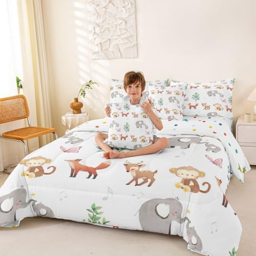 Erosebridal Wild Animal Queen Comforter Set 7 Piece Cute Elephant Deer Monkey Wildlife Comforter Set Woodland Animals Bedding Sets for Kids Girls Kawaii Zoo Animals Sheet Set with Comforter