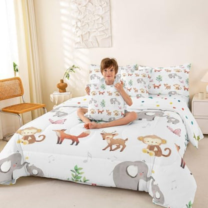 Erosebridal Wild Animal Queen Comforter Set 7 Piece Cute Elephant Deer Monkey Wildlife Comforter Set Woodland Animals Bedding Sets for Kids Girls Kawaii Zoo Animals Sheet Set with Comforter