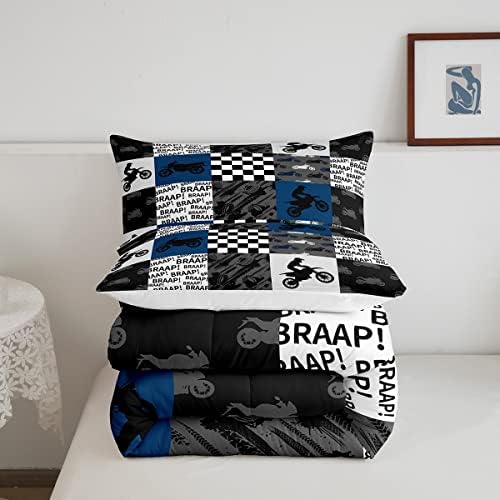 Dirt Bike Bedding Set Full Size Black Grey Blue Motocross Rider Comforter Set Kids Boys Teens Men Bedroom Racing Themed Patchwork Grid Quilt Set Fashion Motorcycle Silhouette Duvet Insert 3pcs