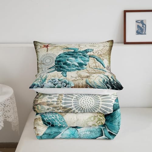 Turtle Bedding Teal Turtle Comforter Set Turquoise Ocean Themed Mediterranean Style Printed Design Ocean Turtle Down Comforter Quilted Duvet Set King Size 1 Comforter 2 Pillowcases (King, Turtle)