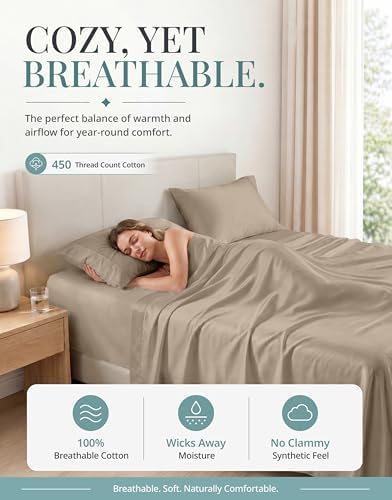 LANE LINEN 450TC Cotton King Sheets - Silky Smooth Sateen Weave, Taupe