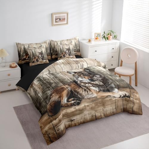 Erosebridal Hunt Wolf Bedding Set King Hunting Animal Comforter Set 7 Piece Country Jungle Pine Tree Bed in A Bag for Adults Rustic Forest Cabin Quilt with Flat Fitted Sheet