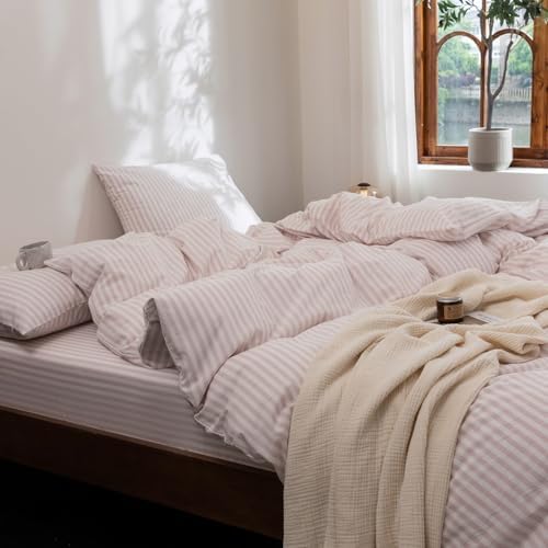 FOSSA Striped Duvet Cover Set Washed Cotton Linen Feel Oversized King Plus