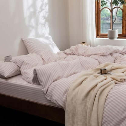 FOSSA Striped Duvet Cover Set Washed Cotton Linen Feel Oversized King Plus