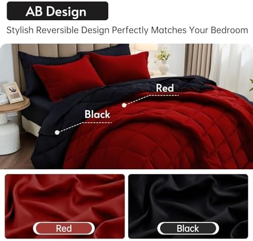 MUXHOMO 7 Pieces California King Comforter Set, Reversible Bed in a Bag Cal King Size, All Season Bedding Set with Comforter, Flat Sheet, Fitted Sheet, Pillowcases & Shams, Red & Black