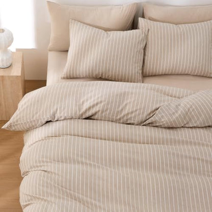 Wake In Cloud Striped Cotton Duvet Cover Set, Tan, Full