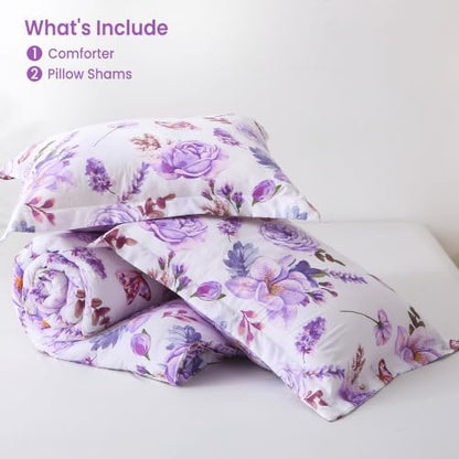 Mooreeke Purple King Size Comforter Sets, Purple Flower and Butterfly Printed Bedding for All Seasons, 3-Piece Vintage Bed in a Bag with Fluffy Quilted Reversible Comforter & 2 Pillow Shams