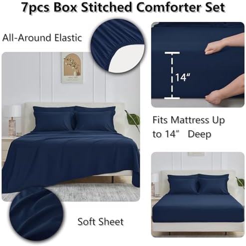 CozyLux Queen Comforter Set, 7-Piece Bed in a Bag, Navy Blue