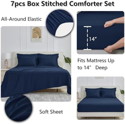 CozyLux Queen Comforter Set, 7-Piece Bed in a Bag, Navy Blue