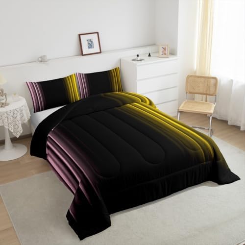 Feelyou Teens Abstract Ombre Decorations Bedding Set for Kids Women Pink Yellow and Black Comforter Set Geometric Modern Quilt Set Room 3Pcs Full Size