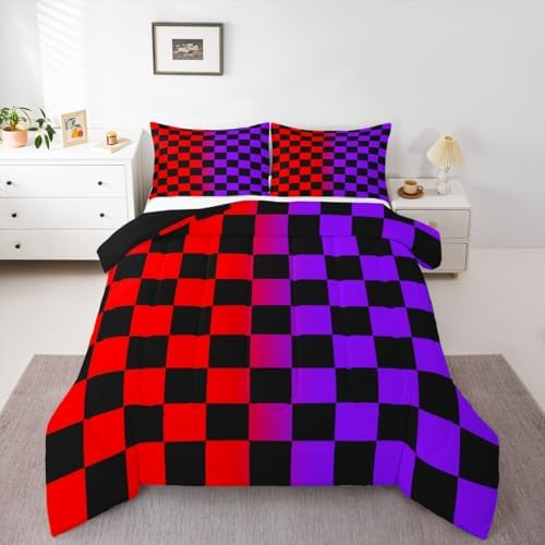 Feelyou Checkered Retro Comforter Set Queen Size Geometric Vintage Bedding Set for Kids Boys Girls Red Purple Duvet Quilt Modern Groovy Aesthetic Bedroom Decor 3 Pcs with 2 Pillow Cases