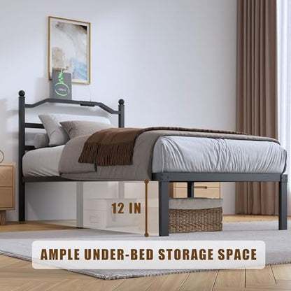 SHOANED Metal Bed Frame with Headboard - 14 Inch Twin XL Size Heavy Duty Bedframe with Charging Station Black Basic Steel Slats Platform No Box Spring Needed/Noise Free