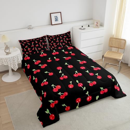 Erosebridal Red Cherry Bedding Set for Kids, Fruit Kawaii Comforter Set Full, Cute Cherry Cartoon Quilted Duvet for Boys Girls Women Bedroom Decor, Reversible Luxury Cherry Quilted Comforter, Black
