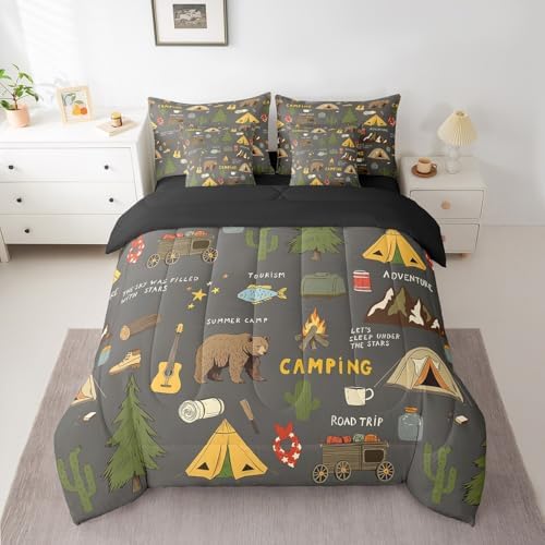 Erosebridal Happy Camping 7 Piece Comforter Set Queen Bed in a Bag for Kids,Hunting Bear and Pike Fish Bedding,Camper Accessories Sheet Set,Travel Car Hiking Theme Guitar Camera Duvet Insert,Black