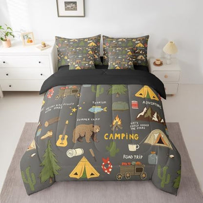 Erosebridal Happy Camping 7 Piece Comforter Set Queen Bed in a Bag for Kids,Hunting Bear and Pike Fish Bedding,Camper Accessories Sheet Set,Travel Car Hiking Theme Guitar Camera Duvet Insert,Black