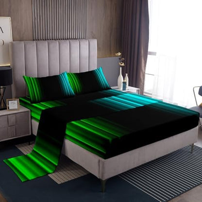 Feelyou Teens Abstract Ombre Decorations Bedding Set for Kids Women Green Teal and Black Bed Sheets Set Geometric Modern Fitted Sheet Sets Room 4Pcs King Size