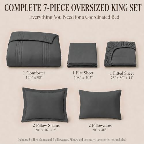 CozyLux Oversized King Comforter Set Dark Grey- 7 Pieces Bed in a Bag