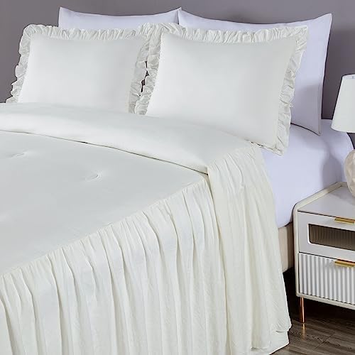 Chezmoi Collection Sinclair 3-Piece Ruffle Skirt Bedspread Set - French Country Chic Farmhouse - California King, Ivory