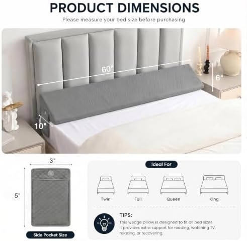 Queen Bed Wedge Pillow for Headboard Gap Filler Corner Wall and Mattress