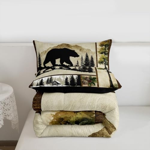 Erosebridal Black Bear Comforter Set Twin Size Wild Animal Bear Deer Print Bedding for Boys Girls Men Hunting Themed Bedding Comforter Sets Grids Patchwork Decor Duvet Insert Western Farmstyle Quilt