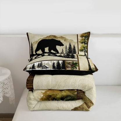 Erosebridal Black Bear Comforter Set Twin Size Wild Animal Bear Deer Print Bedding for Boys Girls Men Hunting Themed Bedding Comforter Sets Grids Patchwork Decor Duvet Insert Western Farmstyle Quilt
