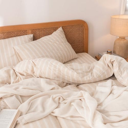 BESTOUCH Striped Cotton Duvet Cover Set Linen Feel King