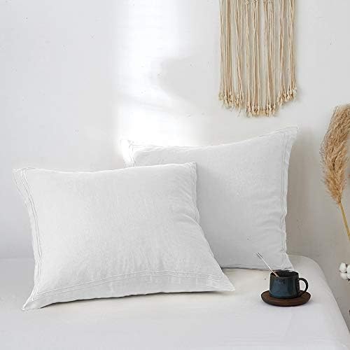 Simple&Opulence 100% French Linen Euro Shams with Embroidery (26'' x 26'') - Pack of 2 - Pre Washed Solid Color Natural Flax Soft Breathable - White