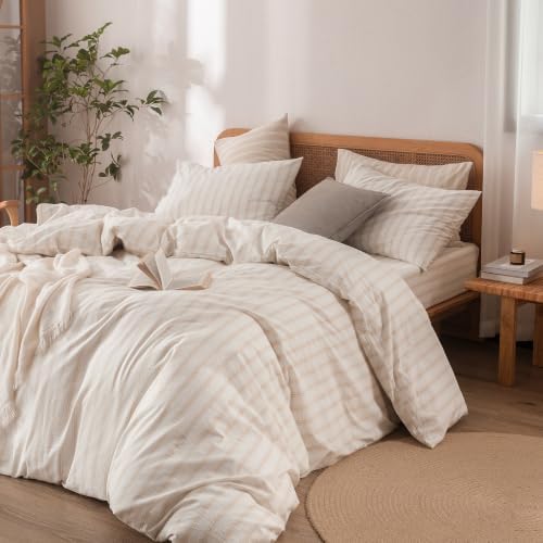 BESTOUCH Striped Cotton Duvet Cover Set Linen Feel Full