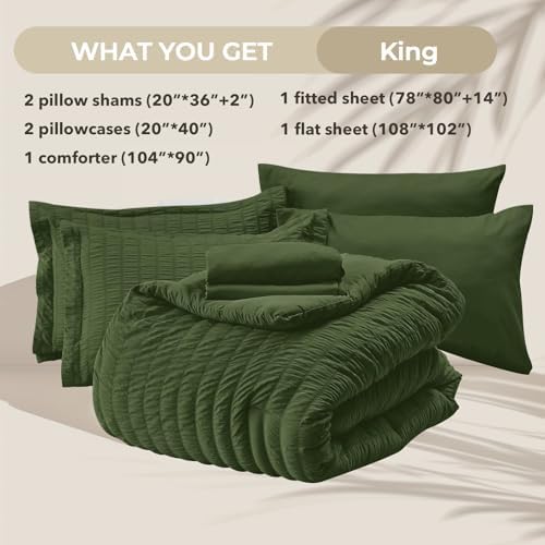 HYMOKEGE Olive Green King Size Comforter Set Seersucker 7 Pieces, All Season Luxury Bed in a Bag for Bedroom, Bedding Set with Comforter, Sheets, Pillowcases & Shams