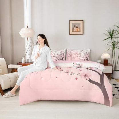 Erosebridal Cherry Blossoms Full Size Comforter Set, Girl Pink Floral 7-Piece Bed in A Bag, Japanese Spring Sheets and Pillowcases, Petal Branch Girly Romantic Bedding Set Room Decor