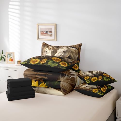 Erosebridal Rustic Horse Bedding Set King,Yellow Sunflower Comforter Set,Western Farmhouse(Comforter+Fitted+Flat Sheet+2 Pillowcases+2 Throw Pillow Covers) 7 Pieces Cowboy Cowgirls Bed Set