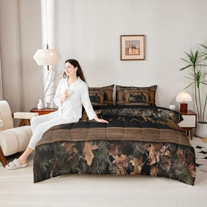 Erosebridal Farmhouse Black Bear Twin Comforter Set with Sheets 7 Piece Rustic Camo Bed in A Bag Country Cabin Lodge Bedding Sets for Kids Adults,Woodland Animal Bed Set
