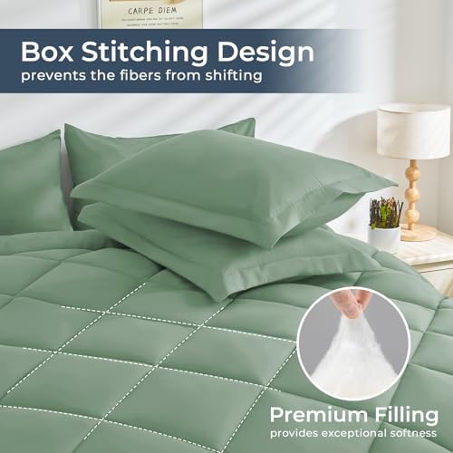 HEVUMYI 7-Piece King Comforter Set, Light Green Bed in a Bag