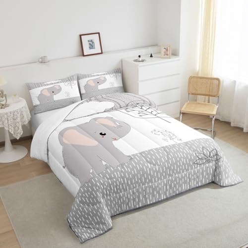 Castle Fairy Cartoon Elephant Bedding Set King Size,Kawaii Cute Wild Animal Comforter Set Room Decor for Home,Grey White Tree Cloud Flower Microfiber Down Comforter,with 2 Pillowcases