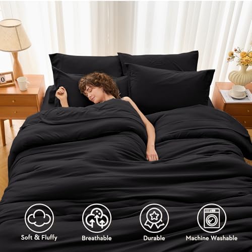 MUXHOMO 7 Pieces Oversized King Comforter Set, Soft Bed in a Bag Oversized King Size, All Season Bedding Set with Comforter, Flat Sheet, Fitted Sheet, Pillowcases & Shams, Black