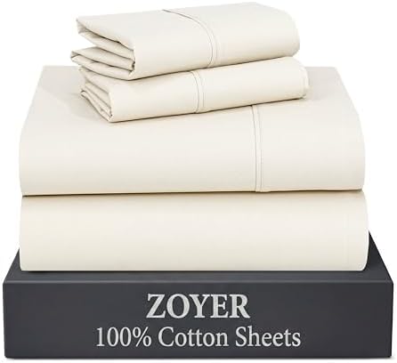 ZOYER 100% Cotton Sheets – Queen Size Percale Bedding, Cooling & Breathable, Durable with a Crisp, Soft & Comfortable Feel, 16" Deep Pocket, 4-Piece Set, Cream White