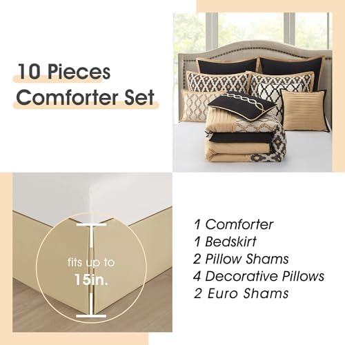 LANCO MODERN LIFESTYLE King Size Comforter Set, Black Gold, 10 Piece Bed in a Bag for All Seasons, Luxury Extreme Comfort Bedding Sets with Bedskirt, Pillow Shams, Euro Shams and Decor Pillows