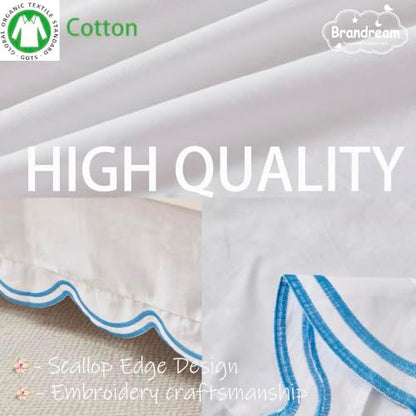 Brandream 100% Organic Cotton Crib Skirt for Baby Boy & Girl, Embroidered Blue Scalloped Edge Crib Dust Ruffle, Soft Breathable Nursery Bedding Decoration, Fits Standard Cribs & Toddler Bed, 16" Drop