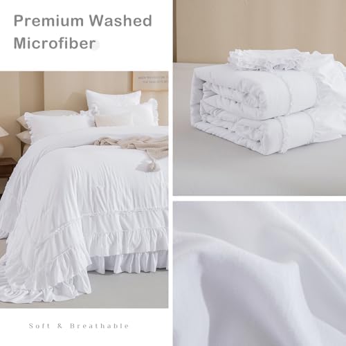 Masaca Oversized King Comforter 128x120,Bright White Shabby Boho Chic Farmhouse Bedding Comforter with Ruffles,Vintage Lightweight and Soft French Country Rustic Extra Large King Bedding Set 3 Pieces