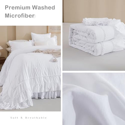 Masaca Oversized King Comforter 128x120,Bright White Shabby Boho Chic Farmhouse Bedding Comforter with Ruffles,Vintage Lightweight and Soft French Country Rustic Extra Large King Bedding Set 3 Pieces
