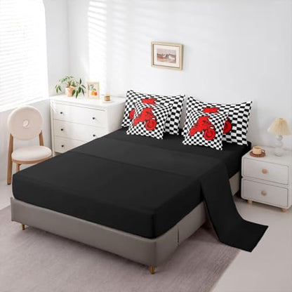 Feelyou Red Motocross Rider Comforter Set with Sheets 7 Piece King Size Checkered Flag Bedding Set for Kids Boys Girls Sporty Rider Bed in a Bag Off-Road Racing Room Decor Dirt Bike Soft Lightweight