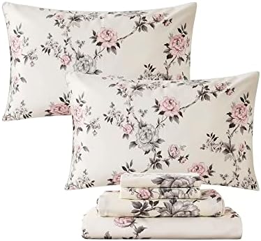 FADFAY Floral Sheets Set Twin Vintage Rose Floral Bedding Shabby Grey and Pink Peony Print Sheets Farmhouse Bedding 800 Thread Count 100% Egyptian Cotton Soft Deep Pocket Fitted Sheet 4Pcs, Twin Size