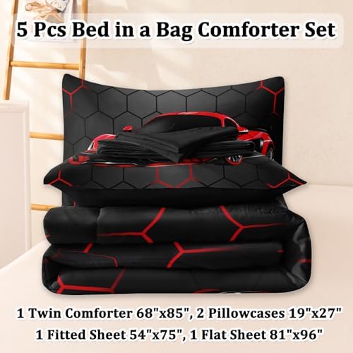 5 Pcs Race Car Twin Bedding Set for Boys, Red Sports Car Twin Boys Comforter Set with Sheets