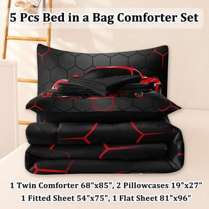5 Pcs Race Car Twin Bedding Set for Boys, Red Sports Car Twin Boys Comforter Set with Sheets