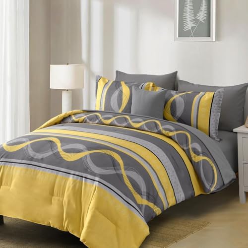 Anibedding Yellow Comforter Set California King Size,8 Pieces Bed in a Bag Patchwork Striped Bedding Sets,Boho Soft Microfiber Bedding Set for All Season(104"×96")