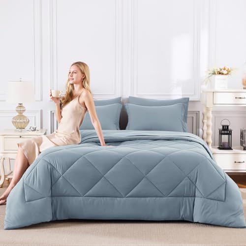 CozyLux Super King Comforter Set 120"x120", 7 Piece, Dusty Blue