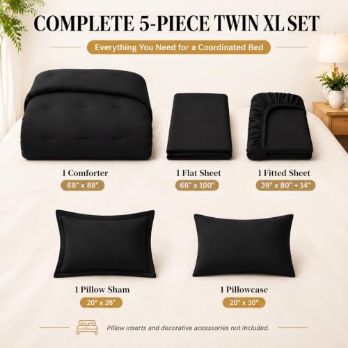 CozyLux Twin XL Comforter Black, 5 Pieces Bed in a Bag