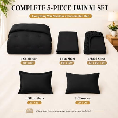 CozyLux Twin XL Comforter Black, 5 Pieces Bed in a Bag