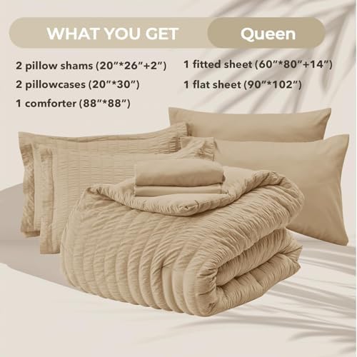 HYMOKEGE Khaki Queen Comforter Set Seersucker 7 Pieces, All Season Luxury Bed in a Bag Queen for Bedroom, Bedding Set with Comforter, Sheets, Pillowcases & Shams